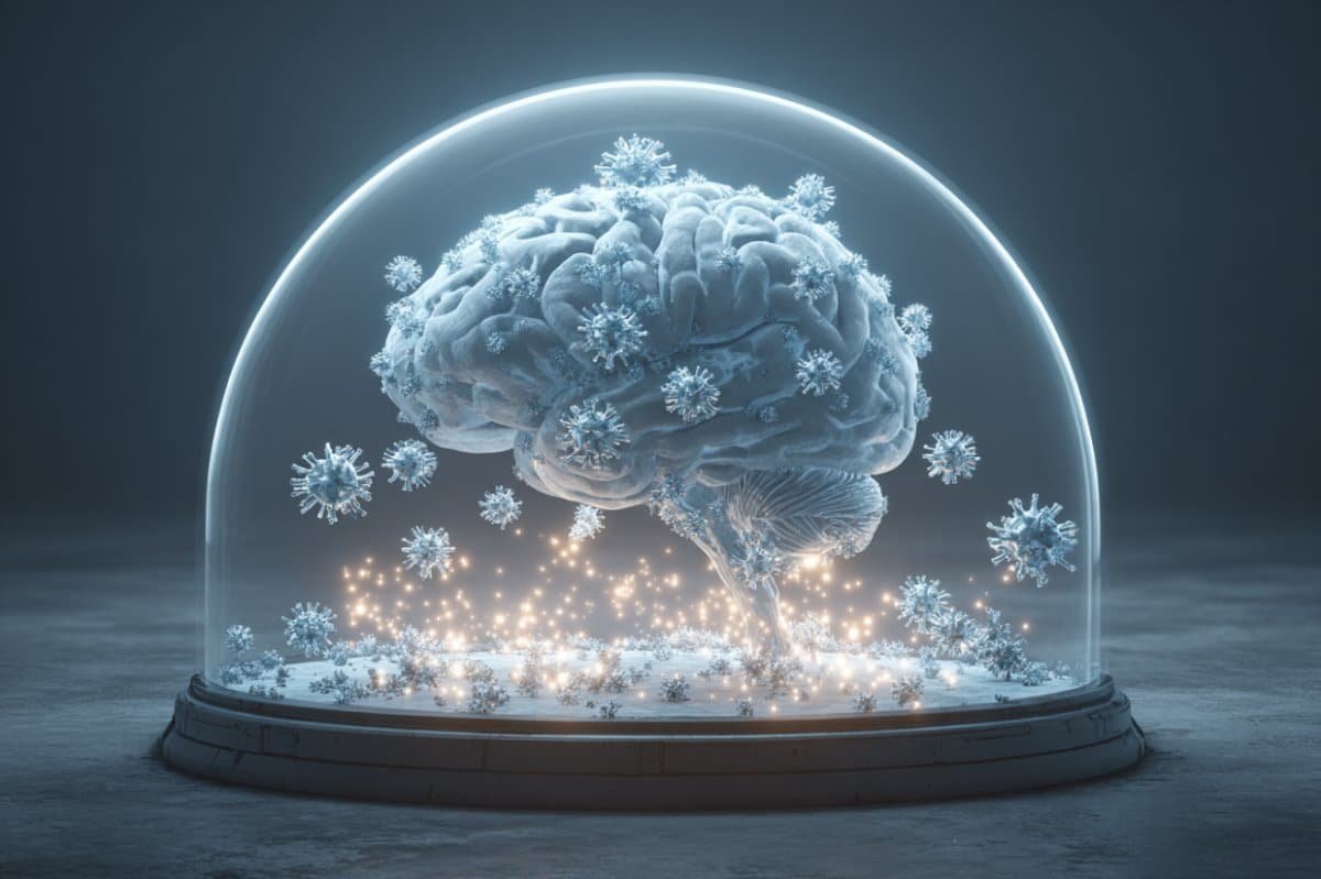 This shows a brain surrounded by proteins in a snow globe.